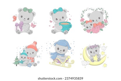 Set of Cartoon Isolated Bear. Collection of Cute Vector Cartoon Animal Illustrations for Stickers, Baby Shower, Coloring Pages, Prints for Clothes. 