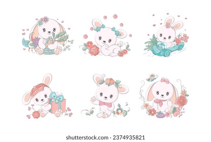 Set of Cartoon Isolated Bunny. Collection of Cute Vector Cartoon Rabbit Illustrations for Stickers, Baby Shower, Coloring Pages, Prints for Clothes. 
