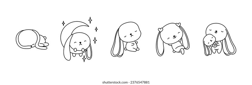 Set of Cartoon Isolated Bunny Coloring Page. Cute Vector Kawaii Hare Outline. Collection of Cute Vector Baby Rabbit Outline for Stickers, Baby Shower, Coloring Book, Prints for Clothes. 