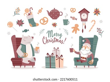 Set of cartoon isolated Christmas characters and decorative elements
