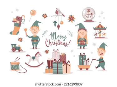 Set of cartoon isolated Christmas elves and decorative elements