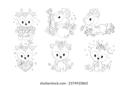 Set of Cartoon Isolated Deer Coloring Page. Collection of Cute Vector Cartoon Forest Animals Outline for Stickers, Baby Shower, Coloring Book, Prints for Clothes. 