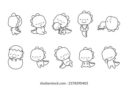 Set of Cartoon Isolated Dino Coloring Page. Cute Vector Kawaii Dinosaurs Outline. Collection of Cute Vector Baby Dinosaurs Outline for Stickers, Baby Shower, Coloring Book, Prints for Clothes. 