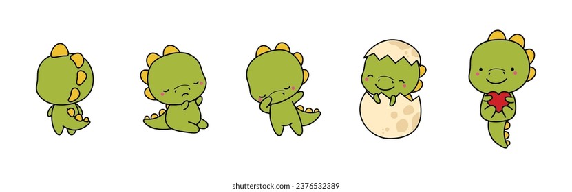 Set of Cartoon Isolated Dino. Set of Cute Kawaii Dinosaur in Funny Cartoon Style. Collection of Cute Vector Jurassic Animal Illustrations for Stickers, Baby Shower, Coloring Pages, Prints for Clothes