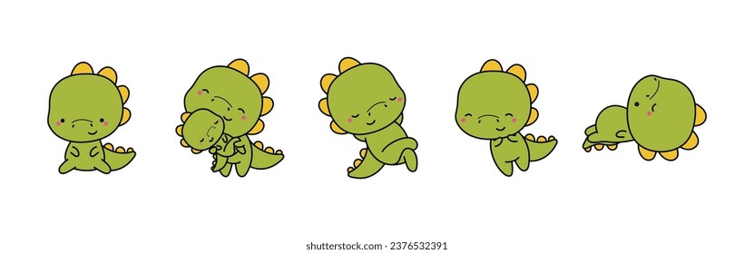 Set of Cartoon Isolated Dino. Set of Cute Kawaii Dinosaur in Funny Cartoon Style. Collection of Cute Vector Jurassic Animal Illustrations for Stickers, Baby Shower, Coloring Pages, Prints for Clothes