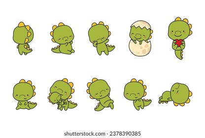 Set of Cartoon Isolated Dino. Set of Cute Kawaii Dinosaur in Funny Cartoon Style. Collection of Cute Vector Jurassic Animal Illustrations for Stickers, Baby Shower, Coloring Pages, Prints for Clothes 