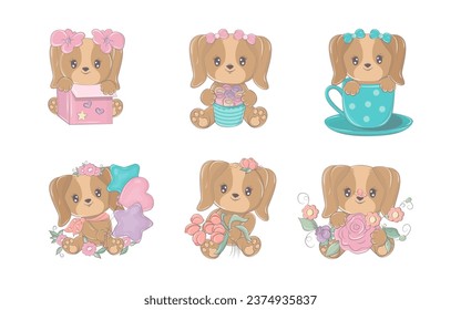 Juego de dibujos animados Perro aislado. Colección de Ilustraciones de Cachorro de Vector Cute para Pegatinas, Ducha para Bebés, Páginas de Colores, Impresiones para Ropa. 