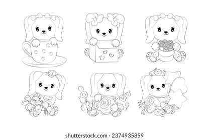 Set of Cartoon Isolated Dog Coloring Page. Collection of Cute Vector Cartoon Pet Animals Outline for Stickers, Baby Shower, Coloring Book, Prints for Clothes. 