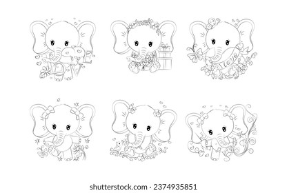 Set of Cartoon Isolated Elephant Coloring Page. Collection of Cute Vector Cartoon Animals Outline for Stickers, Baby Shower, Coloring Book, Prints for Clothes. 