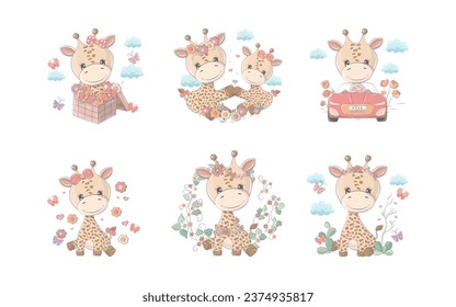 Set of Cartoon Isolated Giraffe. Collection of Cute Vector Cartoon Animal Illustrations for Stickers, Baby Shower, Coloring Pages, Prints for Clothes. 