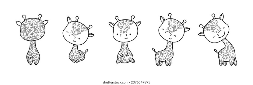 Set of Cartoon Isolated Giraffe Coloring Page. Cute Vector Kawaii Animals Outline. Collection of Cute Vector Baby Giraffe Outline for Stickers, Baby Shower, Coloring Book, Prints for Clothes. 