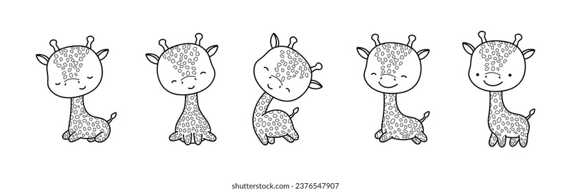 Set von Cartoon-Einzel-Giraffenfarben-Seite. Cute Vectoris Kawaii Tiere - Übersicht. Kollektion von Cute Vector Baby Giraffe Outline für Aufkleber, Babydusche, Farbbuch, Bedruckungen für Kleidung. 