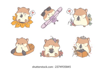 Set of Cartoon Isolated Hamster. Collection of Cute Vector Cartoon Animal Illustrations for Stickers, Baby Shower, Coloring Pages, Prints for Clothes. 