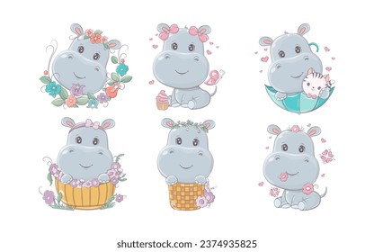 Set of Cartoon Isolated Hippo. Collection of Cute Vector Cartoon Hippopotamus Illustrations for Stickers, Baby Shower, Coloring Pages, Prints for Clothes. 