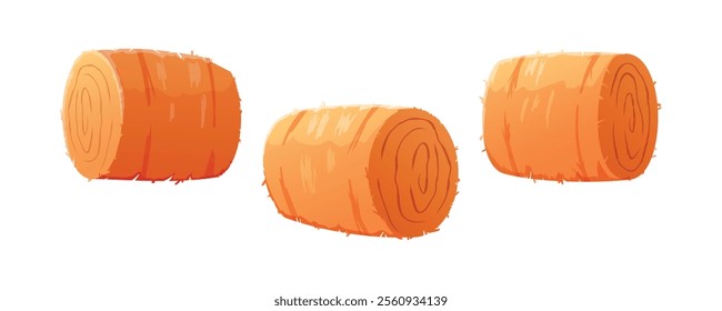 Set of cartoon isolated illustration of three hay bales with clean lines and warm colors on white background. Agricultural designs, farm-themed projects, seasonal decor, farming and rural life.