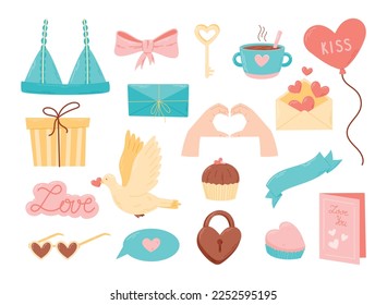 Set of cartoon isolated illustrations for valentine day. Design elements on the theme of love, hearts.