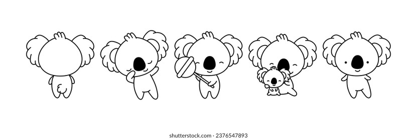 Set of Cartoon Isolated Koala Coloring Page. Cute Vector Kawaii Koala Bear Outline. Collection of Cute Vector Baby Animals Outline for Stickers, Baby Shower, Coloring Book, Prints for Clothes. 