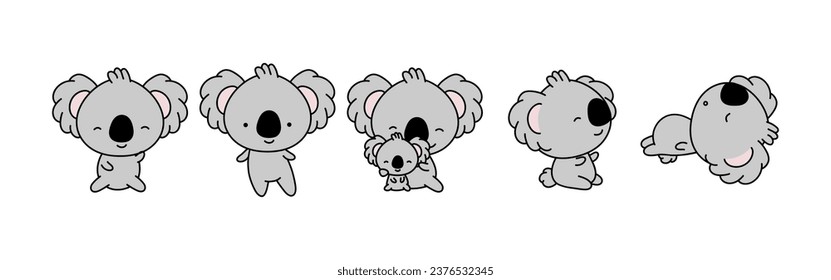 Set of Cartoon Isolated Koala. Set of Cute Kawaii Koala Bear in Funny Cartoon Style. Collection of Cute Vector Animal Illustrations for Stickers, Baby Shower, Coloring Pages, Prints for Clothes. 