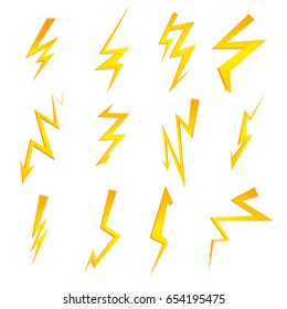 Set of cartoon isolated lightnings on black for design. Thunderstorm and lightning. Vector eps10