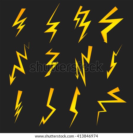 Set of cartoon isolated lightnings on black for design. Thunder-storm and lightnings. Vector eps10