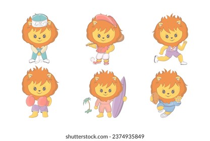 Set of Cartoon Isolated Lion. Collection of Cute Vector Cartoon Animal Illustrations for Stickers, Baby Shower, Coloring Pages, Prints for Clothes. 