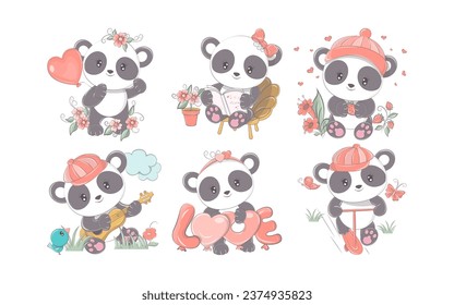 Set of Cartoon Isolated Panda. Collection of Cute Vector Cartoon Bear Illustrations for Stickers, Baby Shower, Coloring Pages, Prints for Clothes. 