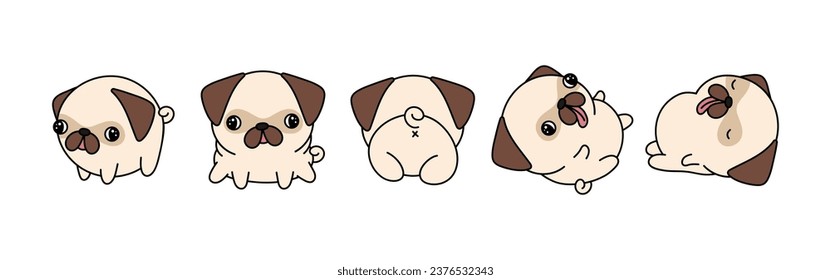 Juego de dibujos animados Perro Pug Aislado. Juego de Cute Kawaii Pug en Gracioso Estilo de Caricatura. Colección de Ilustraciones de Bebé Vector Cute para Pegatinas, Ducha para Bebés, Páginas de Colores, Impresiones para Ropa. 