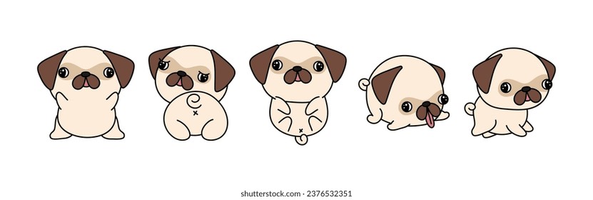 Juego de dibujos animados Perro Pug Aislado. Juego de Cute Kawaii Pug en Gracioso Estilo de Caricatura. Colección de Ilustraciones de Bebé Vector Cute para Pegatinas, Ducha para Bebés, Páginas de Colores, Impresiones para Ropa. 