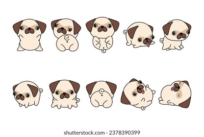 Juego de dibujos animados Perro Pug Aislado. Juego de Cute Kawaii Pug en Gracioso Estilo de Caricatura. Colección de Ilustraciones de Bebé Vector Cute para Pegatinas, Ducha para Bebés, Páginas de Colores, Impresiones para Ropa. 