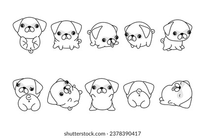 Set of Cartoon Isolated Pug Dog Coloring Page. Cute Vector Kawaii Pug Outline. Collection of Cute Vector Baby Dog Outline for Stickers, Baby Shower, Coloring Book, Prints for Clothes. 