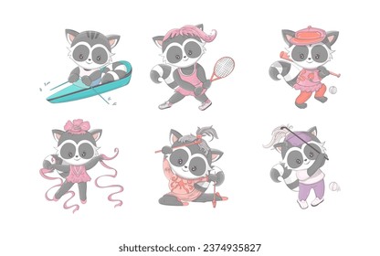 Set of Cartoon Isolated Raccoon. Collection of Cute Vector Cartoon Forest Animal Illustrations for Stickers, Baby Shower, Coloring Pages, Prints for Clothes. 