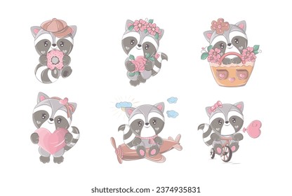 Set of Cartoon Isolated Raccoon. Collection of Cute Vector Cartoon Forest Animal Illustrations for Stickers, Baby Shower, Coloring Pages, Prints for Clothes. 