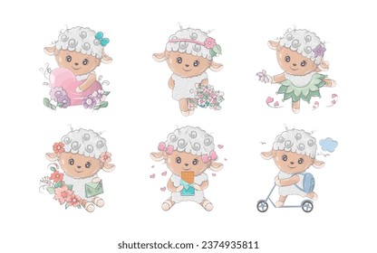 Set of Cartoon Isolated Sheep. Collection of Cute Vector Cartoon Lamb Illustrations for Stickers, Baby Shower, Coloring Pages, Prints for Clothes. 