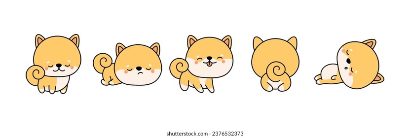 Set of Cartoon Isolated Shiba Inu Dog. Set of Cute Kawaii Puppy in Funny Cartoon Style. Collection of Cute Vector Baby Shiba Inu Illustrations for Stickers, Baby Shower, Coloring Pages. 