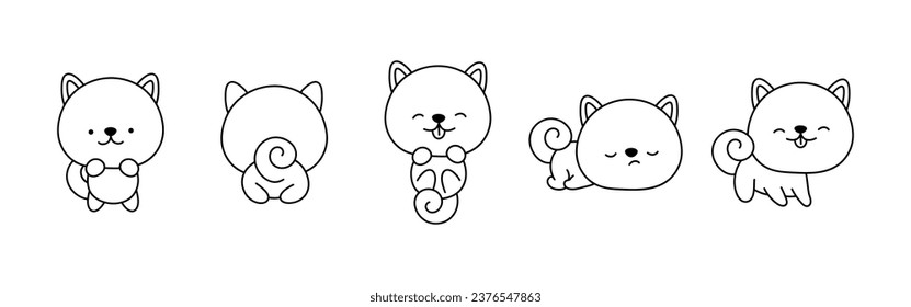 Set of Cartoon Isolated Shiba Inu Dog Coloring Page. Cute Vector Kawaii Shiba Inu Outline. Collection of Cute Vector Baby Dog Outline for Stickers, Baby Shower, Coloring Book, Prints for Clothes. 