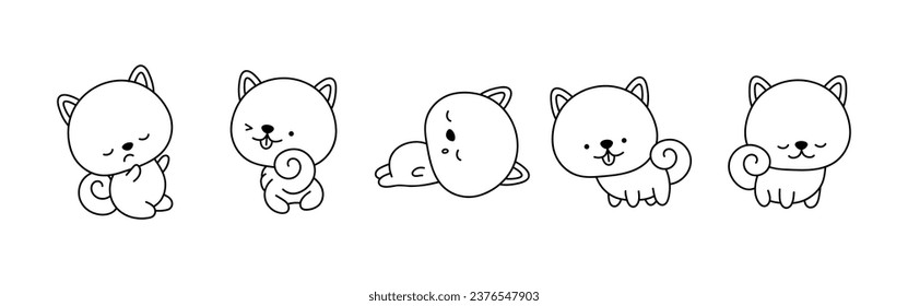 Set of Cartoon Isolated Shiba Inu Dog Coloring Page. Cute Vector Kawaii Shiba Inu Outline. Collection of Cute Vector Baby Dog Outline for Stickers, Baby Shower, Coloring Book, Prints for Clothes. 