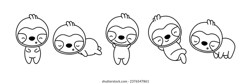 Set of Cartoon Isolated Sloth Coloring Page. Cute Vector Kawaii Animals Outline. Collection of Cute Vector Baby Sloth Outline for Stickers, Baby Shower, Coloring Book, Prints for Clothes. 