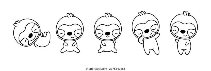 Set of Cartoon Isolated Sloth Coloring Page. Cute Vector Kawaii Animals Outline. Collection of Cute Vector Baby Sloth Outline for Stickers, Baby Shower, Coloring Book, Prints for Clothes. 