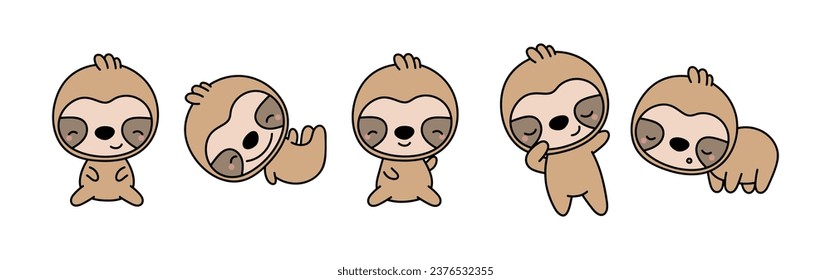 Set von Cartoon Isolated Sloth. Set von Cute Kawaii Sloth im Funny Cartoon Style. Sammlung von Cute-Vektor-Tierillustrationen für Aufkleber, Kinderdusche, Farbseiten, Kleiderdrucke. 
