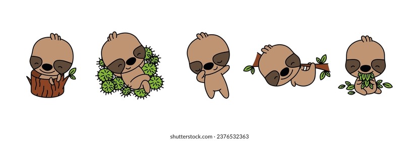 Set of Cartoon Isolated Sloth. Set of Cute Kawaii Sloth in Funny Cartoon Style. Collection of Cute Vector Animal Illustrations for Stickers, Baby Shower, Coloring Pages, Prints for Clothes. 