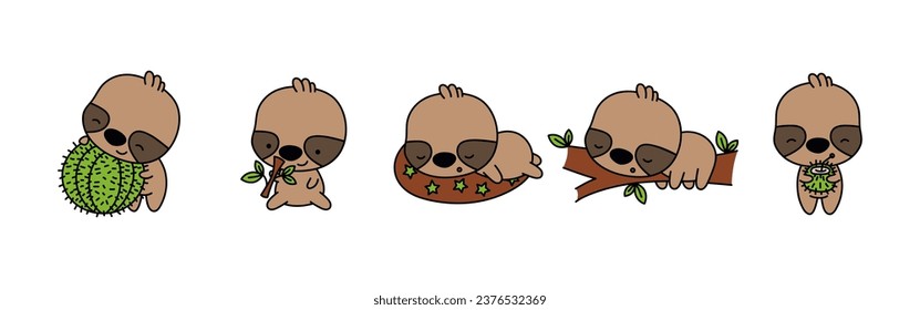 Set of Cartoon Isolated Sloth. Set of Cute Kawaii Sloth in Funny Cartoon Style. Collection of Cute Vector Animal Illustrations for Stickers, Baby Shower, Coloring Pages, Prints for Clothes. 