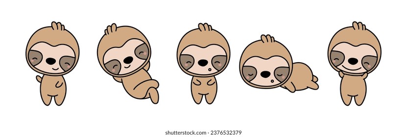 Set of Cartoon Isolated Sloth. Set of Cute Kawaii Sloth in Funny Cartoon Style. Collection of Cute Vector Animal Illustrations for Stickers, Baby Shower, Coloring Pages, Prints for Clothes. 
