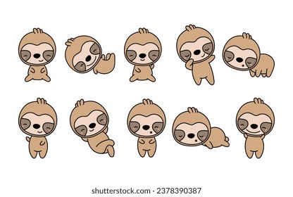 Set of Cartoon Isolated Sloth. Set of Cute Kawaii Sloth in Funny Cartoon Style. Collection of Cute Vector Animal Illustrations for Stickers, Baby Shower, Coloring Pages, Prints for Clothes. 