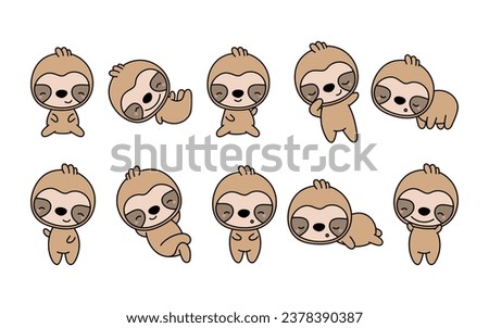 Set of Cartoon Isolated Sloth. Set of Cute Kawaii Sloth in Funny Cartoon Style. Collection of Cute Vector Animal Illustrations for Stickers, Baby Shower, Coloring Pages, Prints for Clothes. 
