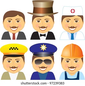 set cartoon isolated smiling men with mustache different professions