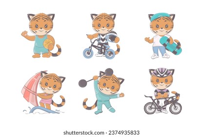 Set of Cartoon Isolated Tiger. Collection of Cute Vector Cartoon Animal Illustrations for Stickers, Baby Shower, Coloring Pages, Prints for Clothes. 