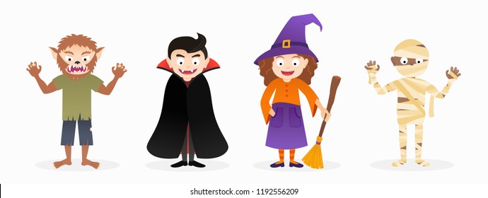 Set of cartoon isolated vector halloween costume characters