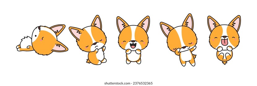 Juego de dibujos animados Welsh Corgi aislado. Juego de Cute Kawaii Corgi al estilo gracioso de las caricaturas. Colección de Ilustraciones de Bebé Vector Cute para Pegatinas, Ducha para Bebés, Páginas de Colores, Impresiones para Ropa. 