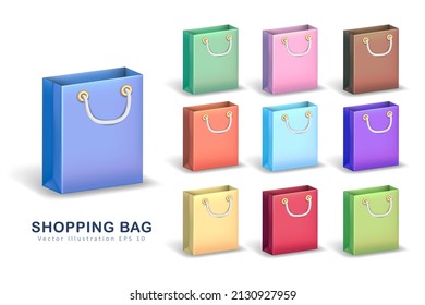 Set of cartoon isometric empty carrier bags with white handles. Colorful three-dimensional shopping bags. Online shopping, marketing, e-business, delivery concept. Vector Illustration EPS 10