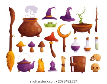 Set of cartoon items for magic and witchcraft. A cauldron with a potion, a magic wand and a broom, mushrooms, candles, a book of spells, skulls and witch hats, a toad and a sprout of a witch's plant.